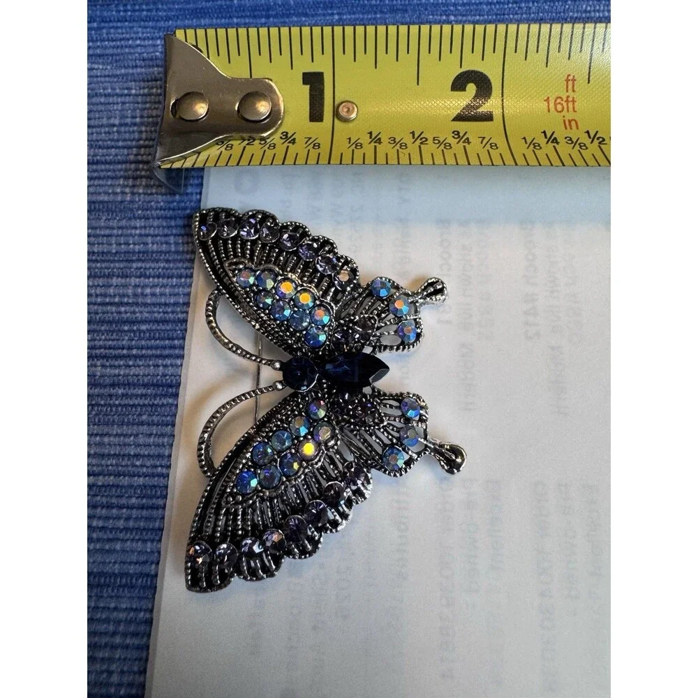 Vintage‎ Style Blue AB Rhinestone Butterfly Brooch Pin Gunmetal Silver Tone 2”